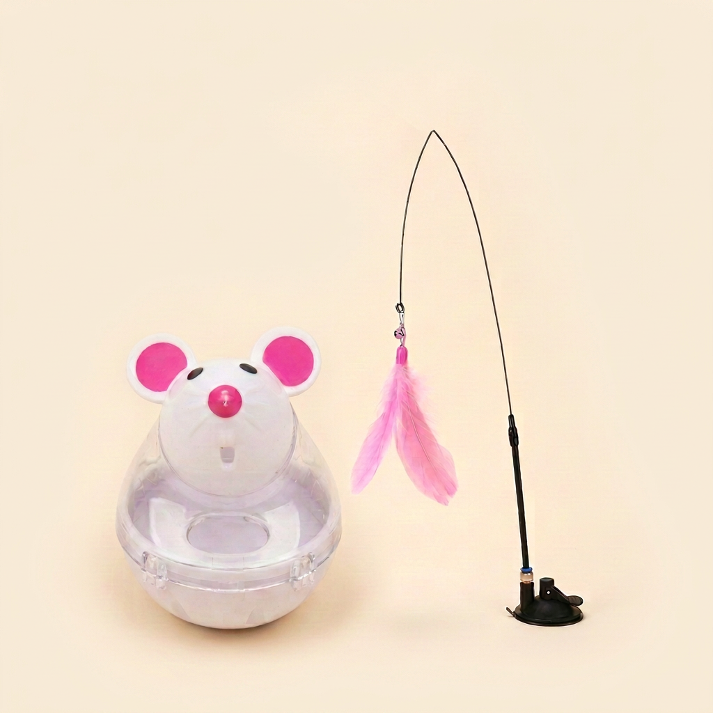 Kit Gatos Curiosos: Tentetieso Ratón Dispensador + Pluma con Ventosa y Cascabel