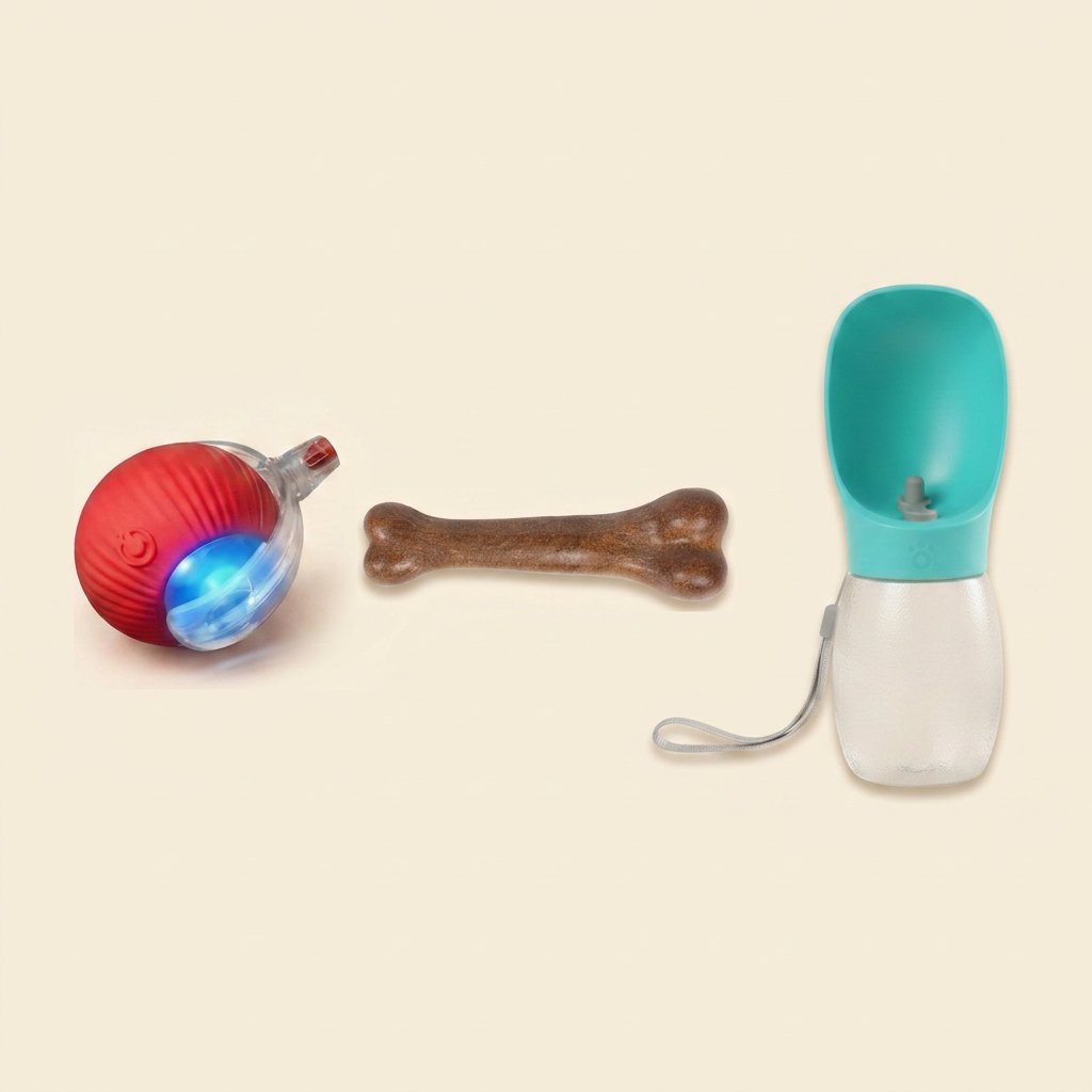 Kit Trío Completo: Pelota Rodante Inteligente + Mordedor Natural Casi Indestructible + Botella de Agua Portátil