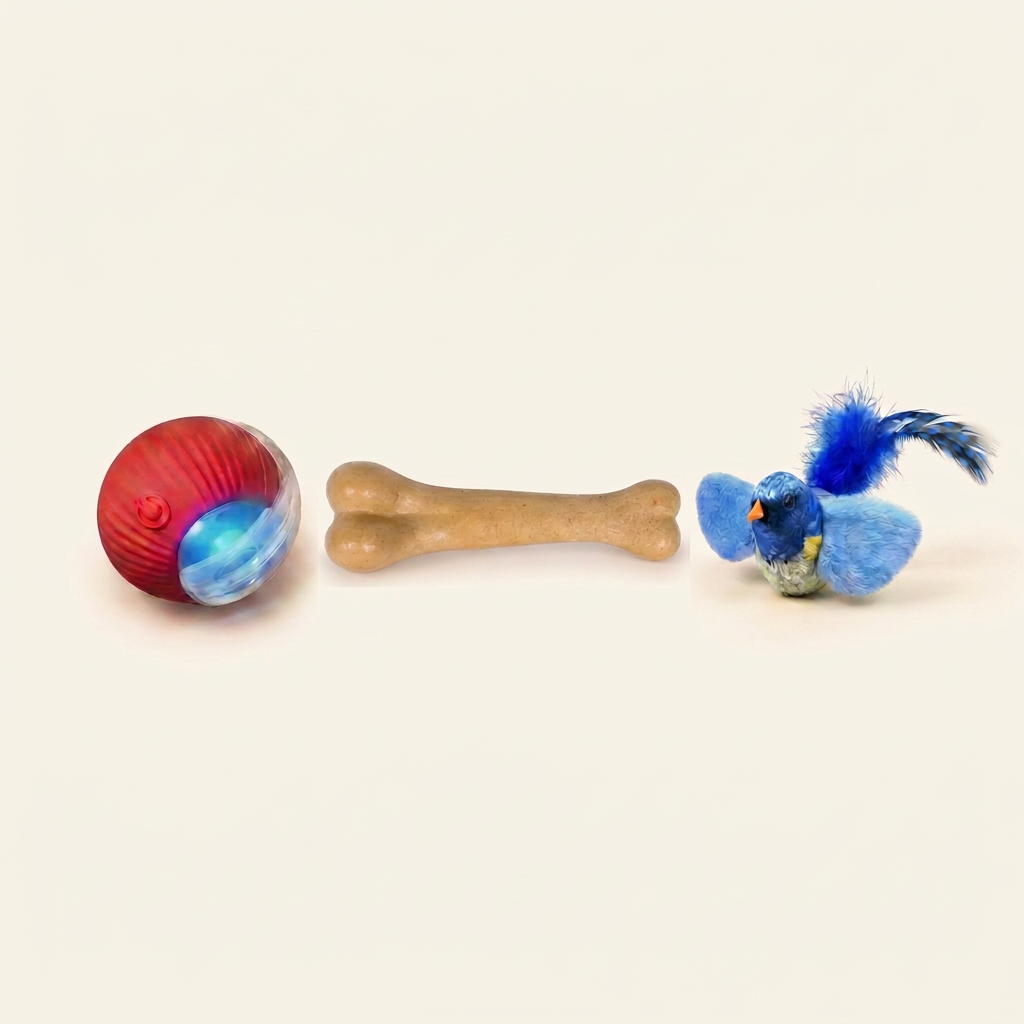Kit Trío Completo: Pelota Rodante Inteligente + Mordedor Natural Casi Indestructible + Pájaro Interactivo con Sonido