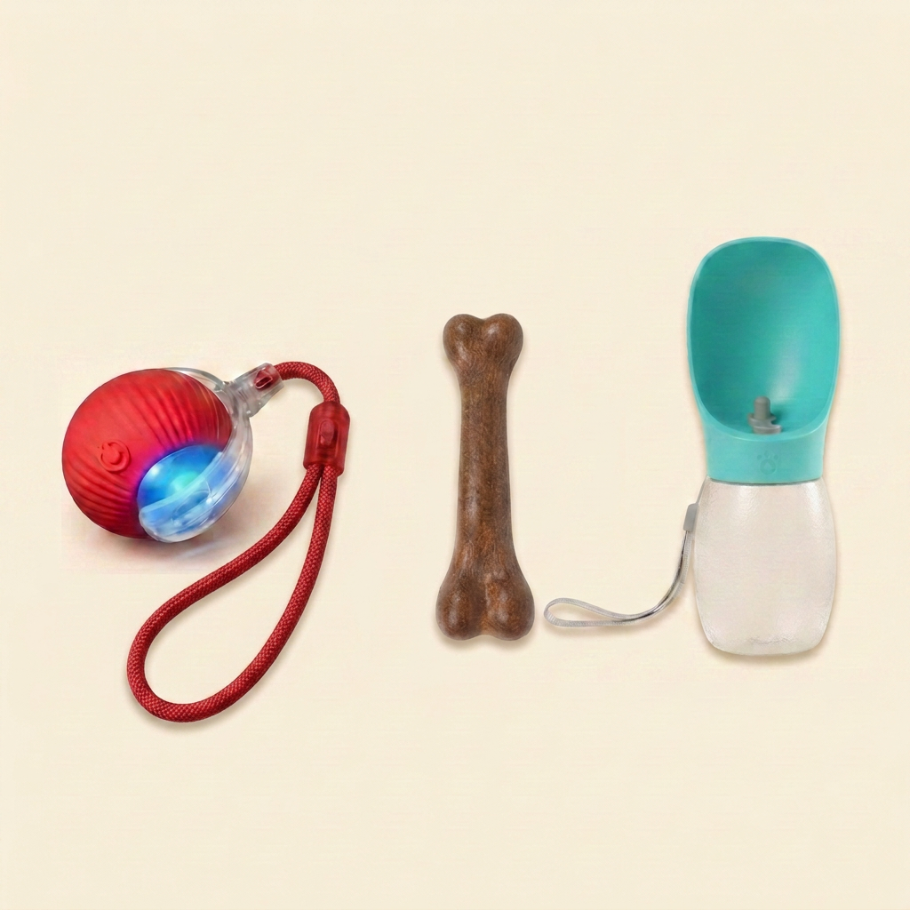 Kit Trío Completo: Pelota Rodante Inteligente + Mordedor Natural Casi Indestructible + Botella de Agua Portátil